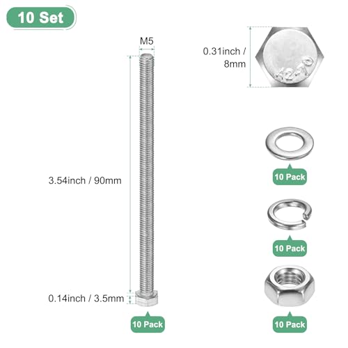 M METERXITY 10-Pack Hex Head Screw Bolt with Nuts Flat & Lock Washers M5x90mm Stainless Steel Bolts and Nuts Kit Fully Threaded Metric Bolt Assortment for Equipment/Machinery - size: M5x90mm