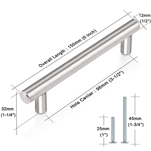 Probrico Drawer Pulls, Kitchen Cabinet Handles Stainless Steel Satin Nickel Furniture Dresser Hardware,6 Inch Total Length Euro T Bar, 30 Pack - Hole Center 3.75 Inch(96mm), Brushed Nickel - color: Brushed Nickel, size: hole center 3-3/4"
