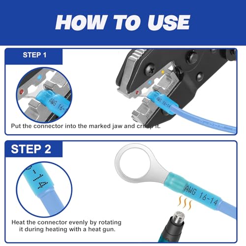 Crimping Tool for Heat Shrink Connectors AWG 22-10 with 120PCS Marine Grade Heat Shrink Butt Connectors of Tinned Red Copper - Electrical Wire Crimper Tool with Ratchet