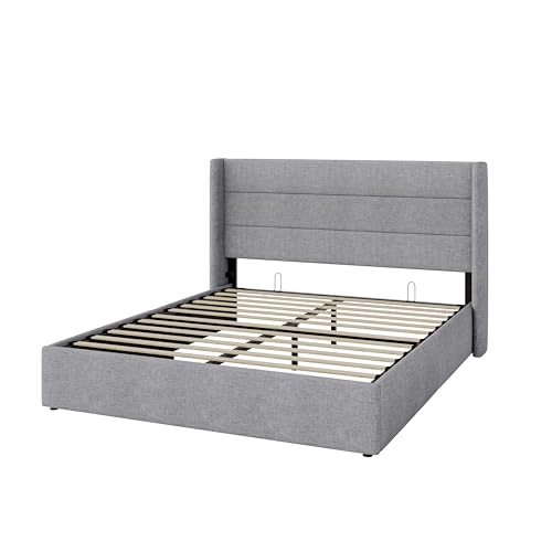 Allewie Full Size Lift Up Hydraulic Storage Bed Frame Light Grey - color: Light Grey, size: Full, style: Modern