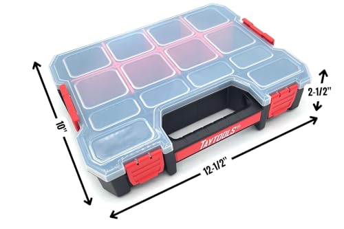 Taytools 14 Compartment Medium Parts Organizer Box - Dual Latch Portable Tool Box with Removeable Dividers for Storing Hardware, Screws, Bolts, Nails, Beads or Jewely