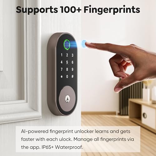 Fingerprint Smart Deadbolt with Keypad – Keyless Entry Lock for Home, Apartment, Office, Airbnb, Rental, Kids & Seniors, App & Code Access, Auto-Lock, Easy DIY Install, Compatible with Alexa & Google - color: Bronze