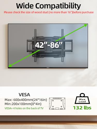 Full Motion TV Wall Mount for 42 55 65 75 85 86 inch, TV Mount Swivel and Tilt,Wall Mount Bracket with Dual Articulating Arms Up to 132lbs, VESA 600x400mm, Max 16" Wood Studs, USX Mount XML019 - size: 42-86 inch