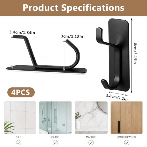4 Pack Black Stainless Steel Double Wall Hooks, 13LB Strong Adhesive Heavy Duty Stick On Towel Hooks for Bathroom Kitchen Entryway