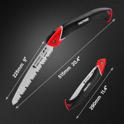 HAUTMEC 9 inch Folding Pruning Saw, Heavy Duty Hand Saws for Tree Trimming with SK5 Blade, Deep Gullets & Triple-Cut Teeth, Garden Saw for Wood Cutting, Camping & Bushcraft