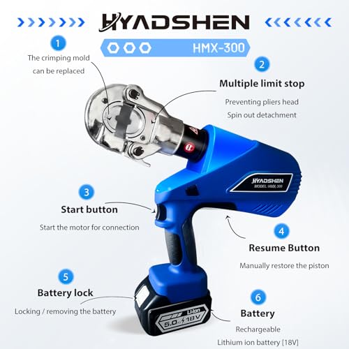 Electric Hydraulic Cable Lug Crimper Pliers Rechargeable Crimping Tool 6 Ton Electrical Terminal Cable Wire Fiber Crimper Kit with 11 Dies (HMX-300)