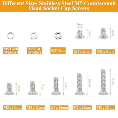 245 Pieces M5 Screws Nuts Washers Set, Sutemribor M5 x 6/8/10/12/16/20/25mm Countersunk Head Socket Cap Screws Nuts Washers Assortment Kit, 304 Stainless Steel, Fully Threaded - size: M5, style: Countersunk Head Socket Cap
