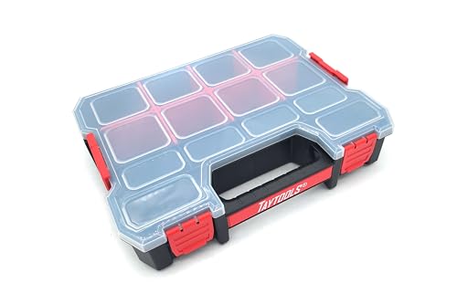 Taytools 14 Compartment Medium Parts Organizer Box - Dual Latch Portable Tool Box with Removeable Dividers for Storing Hardware, Screws, Bolts, Nails, Beads or Jewely