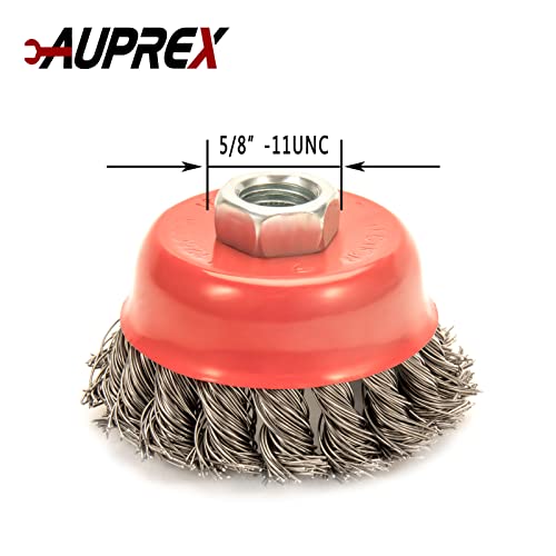 AUPREX 5 Pack Knotted Wire Cup Brush for Angle Grinders with 5/8 Inch | 11 UNC Threaded Arbor- 0.02 Inch Carbon Steel Wire for Rust,Corrosion,Paint Removal and Other Heavy-Duty Conditioning for Metals