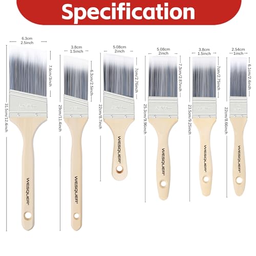 Wesquer 6 Pack Paint Brush Set – Flat & Angled Paint Brushes (1", 1.5", 2", 2.5") with 2" Short Handle Paint Brush, Professional Paint Brushes for Walls, Furniture, Wood Stain and Cabinet Painting