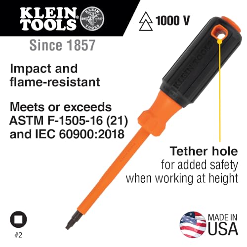 Klein Tools 6884INS Insulated Screwdriver, Made in USA, 1000V #1 Square Tip Screwdriver with 4-Inch Shank, Tip-Ident, Cushion-Grip Handle - style: #1 Square, 4-Inch