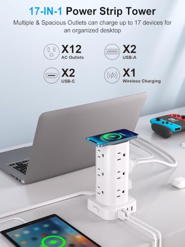 Power Strip Tower with Wireless Charger, Surge Protector with 12 Outlets - color: White, size: 10FT with Wireless Charging
