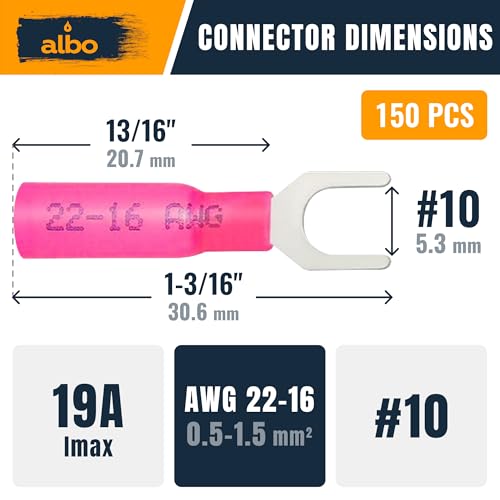 ALBO Heat Shrink Crimp Connectors (Fork 150pcs Red #10 AWG 22-16) - color: Fork 150pcs Red #10 AWG 22-16