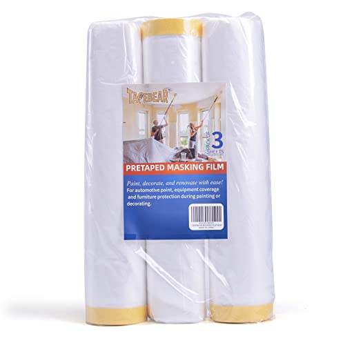 TAPEBEAR Pre-Taped Masking Film, Tape and Drape 9feet x 90feet 3Rolls - size: 2600mm x 27m
