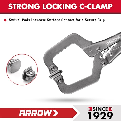 ARROW 6 Inch C-Clamp Locking Pliers with Swivel Pads, Through-Hole Adjustment, One-Handed Release Trigger, Heat-Treated Steel Welding Clamp for Woodworking and Metalworking - size: 6 inch