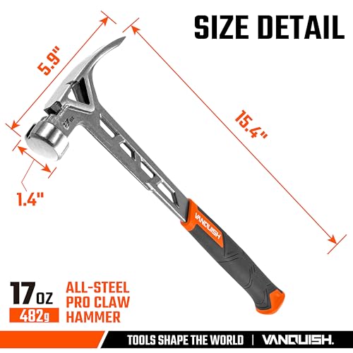 VANQUISH Framing Hammer 17oz One Piece Forged Straight Claw Hammer with Smooth Face & Shock Reduction Grip, Claw Hammer with Magnetic Nail Holder Side Nail Puller, 0628 - size: 17oz Smooth Face