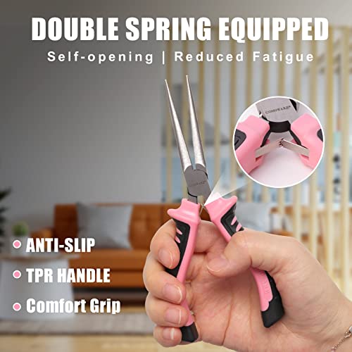 COMOWARE 6-Piece Mini Pliers Set, Needle Nose, Long Nose, Bent Nose, Diagonal, End Cutting and Linesman, for Crafts Work, Electronic Repair, with Pink Pouch - color: Pink