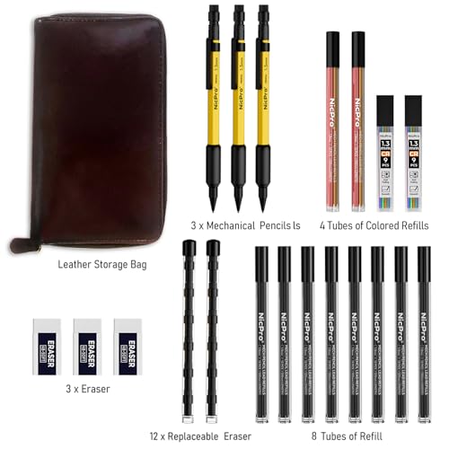 Nicpro 21PCS 1.3 mm Mechanical Pencil Set in Leathercase with 138 Lead - color: Yellow