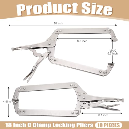 Lasnten 10 Pcs 18 Inch C Clamp Locking Pliers with Swivel Pads Heavy Duty Welding Clamps Adjustable C Pliers Instrument for Wood Working Welding Electrician Maintenance, 6.7 Inch Max Jaw Opening