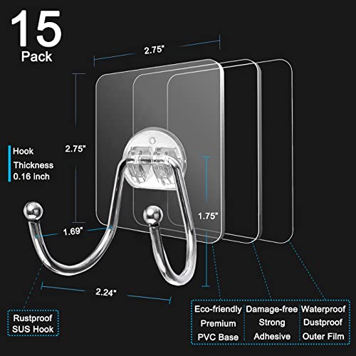15 Pack Large Double Adhesive Wall Hooks, Damage-Free Waterproof 33 Ib Max Heavy Duty Hanging Clear Seamless Sticky Utility Hooks, Towel Coats Hats Clothes Nail Free Hangers (Twin Round Head) - color: 02 Double Large Hook