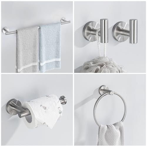 Brushed Nickel Bathroom Hardware Set, 6 Pieces Towel Bar Bathroom Accessories Set Toilet Paper Holder Towel Holder Towel Ring and Towel Hooks Wall Mounted, SUS304 Stainless Steel Towel Rack Set - color: Brushed Nickel, size: 6 Pieces