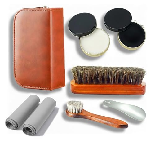 shoe care kit horsehair brush,long-handled round brush,white & black polish,polishing cloth,shoe horn,storage box. - color: White+black