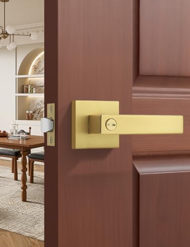 Gobrico 1 Pack Heavy Duty Gold Square Privacy Interior Door Levers, Satin Brass Finish, Bedroom and Bathroom Door Handles Keyless Bed/Bath Lockset - color: Brushed Gold