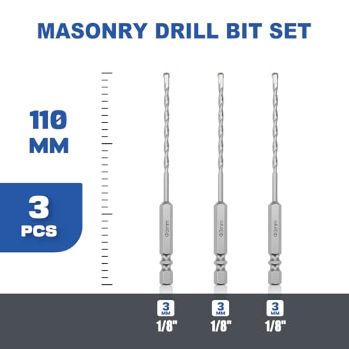 3 Pack 1/8"(3mm) Hex Shank Hammer Drill Masonry Drill Bits, 4.3" Length - size: 1/8" x 4.3" ( 3x110mm ), style: 3 Pieces