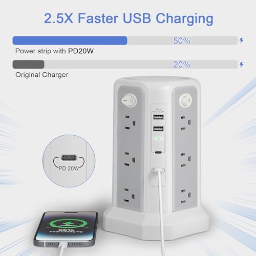 Surge Protector Power Strip Tower (13A 1625W) 10FT with PD20W USB C Port - style: White Gray-13A-2A2C