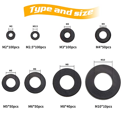 500Pcs Nylon Flat Washer Assortment Set, Washers Metric Sealing Spacer Gasket Ring Washers Set, 8 Sizes - M2, M2.5, M3, M4, M5, M6, M8, M10 (Black) - size: 500black