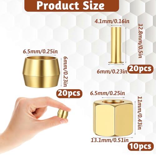 Compression Fittings, 1/4 Compression Fitting Brass Assortment Kit Include Sleeve Ferrule, Nut Used to Connect Lines for Air Water Fuel Oil and Inert Gases