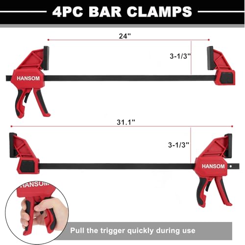 Upgraded 4-Pack 24 Inch Woodworking Clamps,Bar Clamps Heavy Duty 350LBS Throat Depth 3-1/3”,One-Handed Quick Grip/Spreader Wood Clamps Set with Quick Change Button