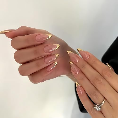 French Almond Press On Nalis Medium, Nude Fake Nails with Elegant Gold-Edged French Tip Design, Glossy Gel Finish Acrylic Nails, Reusable Glue On Nails for Women, Natural Stick On Nails Kit - color: 73-Gilded French