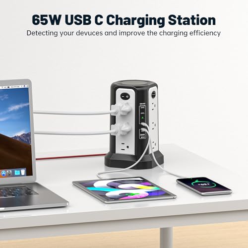 PASSUS PD65W USB C Fast Desktop Power Strip Surge Protector - color: Black White-4C1A