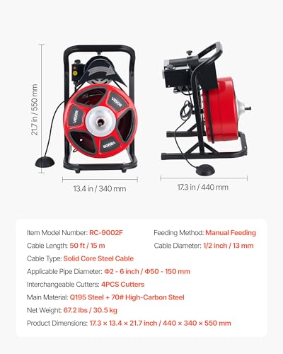 VEVOR Drain Cleaner Machine 50 FT x 1/2 Inch Manual Feed Sewer Snake Auger - style: 50 FT x 1/2'' Upgraded Version