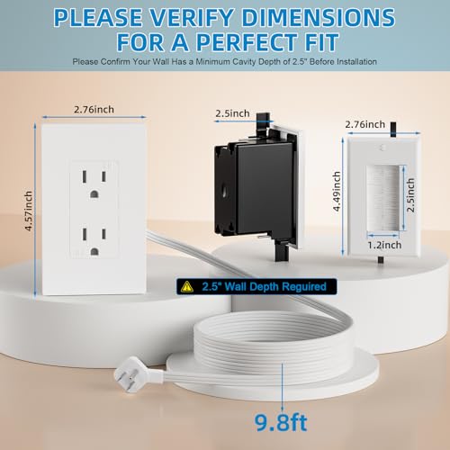 in Wall Cable Management Kit,Recessed Outlet Box for Wall Mount TV, Outlet Relocation Kit for Relocating Unreachable Electrical Outlets,2 AC Outlets,in Wall Extension Cord