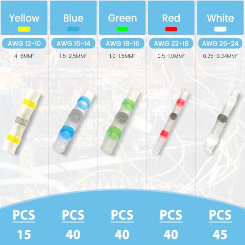 5 Sizes, 180 Pieces - Heat Shrink Butt Connectors, Solder Seal, Waterproof Self Shrink Electrical Connector Kit- for Wiring, Soldering, Marine, Automotive - size: Assortment Kit, 5 Sizes (Qty: 180)