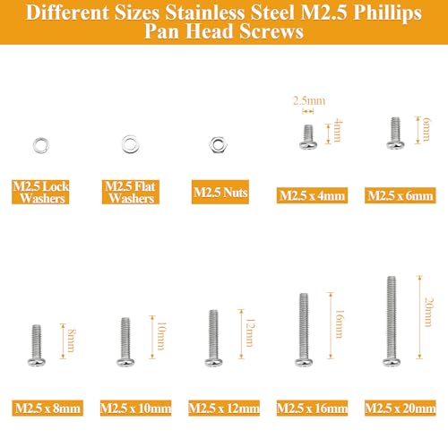 565 Pieces M2.5 Machine Screws Nuts Washers Set, Sutemribor M2.5 x 4/6/8/10/12/16/20mm Phillips Pan Head Machine Screws Nuts Washers Assortment Kit, 304 Stainless Steel, Fully Threaded - size: M2.5, style: Phillips Pan Head