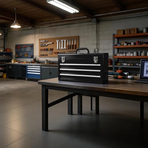 3 Drawer 20“ Metal Tool Box Portable Steel Tool Chest with Metal Latch Closure for Garage, Home and Workbench,Black - size: 20Inch-BLACK