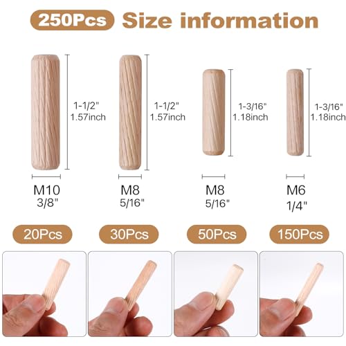 4 Sizes 250Pcs Wooden Dowel Pins Kit 1/4 3/8 5/16 Inch Small Fluted Wood Dowels Pegs Hardwood Pin for Furniture Woodworking Crafts - size: 4 Sizes - 250Pcs