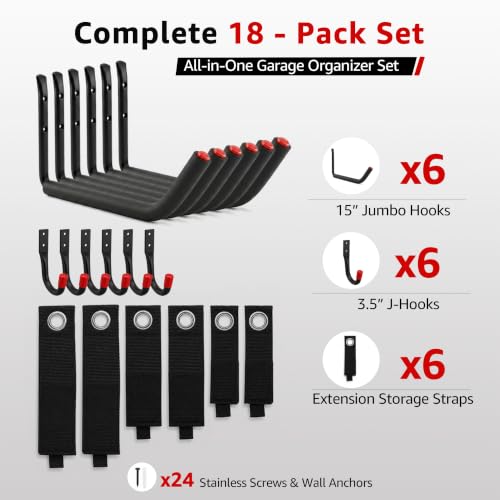18-Piece Heavy Duty Garage Storage Hooks - 6x15” Jumbo Garage Hooks with EVA Padding (120 LB Capacity) + 6x3.5” Utility Hooks & 6 Storage Straps, Wall Rack for Kayak, Bike, Surfboard, Ski, Ladder