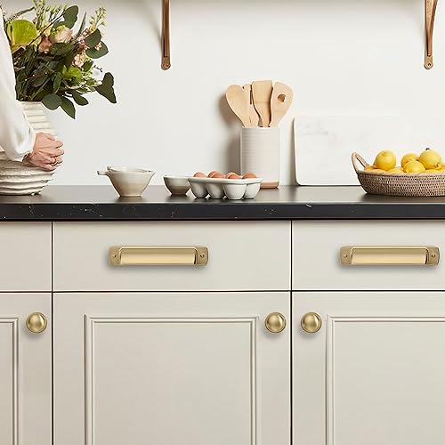 khtumeware 10 Pack 3-3/4" Drawer Pulls Brushed Brass Cabinet Cup Pulls Kitchen Hardware Brushed Gold Cabinet Handles Drawer Handles Knobs 3-3/4 inch Hole Center - color: Brushed Brass, size: Cup Pulls 3-3/4" Hole Center