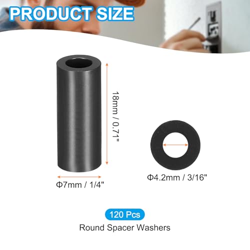 PATIKIL 120Pcs ABS Spacers 4mm ID, 7mm OD, 18mm Height Plastic Round Stud Spacer Black Nylon Washers Nut Unthreaded Rubber for M4 Screws Bolts Barrel - size: 4mm ID, 7mm OD, 18mm Height