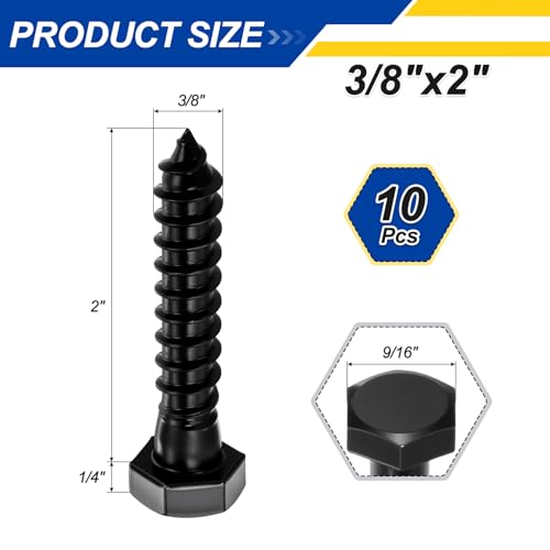 10 Pcs Hex Head Lag Screws 3/8"x2" SS 18-8 (304) Lag Bolts - color: Black, size: 3/8"x2"
