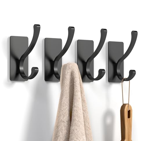Jesginboo Self Adhesive Heavy Duty Coat Hooks for Wall, 4 Packs Black