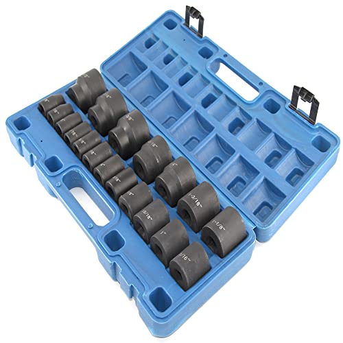 MacWork 19 Piece 1/2-Inch Drive Standard/Shallow Impact Socket Set, SAE, 3/8" to 1-1/2", CR-V&Cr-Mo Alloy Steel, 6-point Hex Radius Corner Design