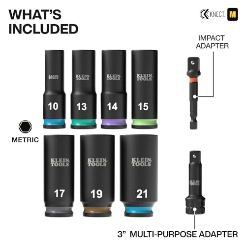 Klein Tools 65109IMPCTM KNECT Deep-Well 3/8-Inch Drive Impact Socket Set, Metric, 9-Piece Tool Set with Impact Driver Adapter, Multi-Purpose Wrench Adapter, Color-Coded, MODbox Socket Organizer - style: 9-Piece Metric Set