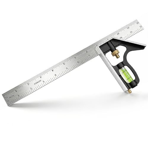 12 Inch Combination Square, Adjustable Carpenter Square with Stainless Steel Ruler and Aluminum Head, Metric and Inch Scale, Bubble Level and Scriber, 90 and 45 Degree Combo Layout Tool - size: 12-Inch