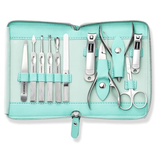 FAMILIFE Stainless Steel Manicure Set 11-in-1 Professional Nail Clipper Kit | Portable Leather Travel Case, Pedicure & Grooming Tools for Fingernails & Toenails, Luxury Gift for Men & Women, Mint Green - color: Mint Green