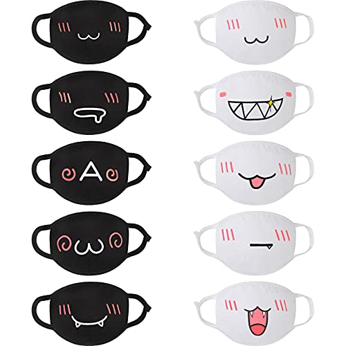 Zhanmai 10 Pieces Kawaii Mask Anime Face Mouth Mask Cute Mouth Covering Reusable Washable Mouth Mask, Black and White